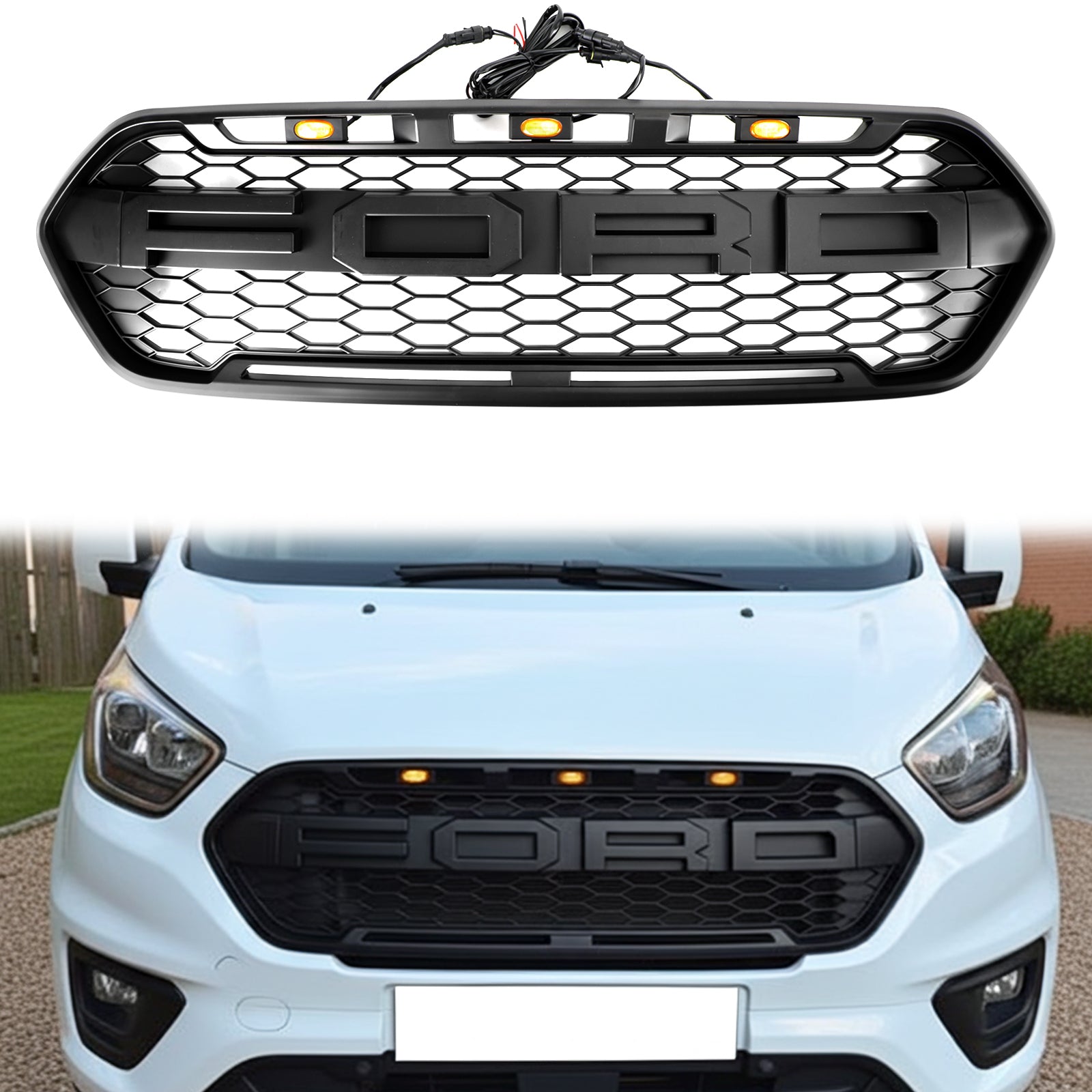 Raptor Style | Ford Transit Custom | Matt Black | 2018-2023 | Replacement Honeycomb Grill | Front Bumper Grille + LED Lights