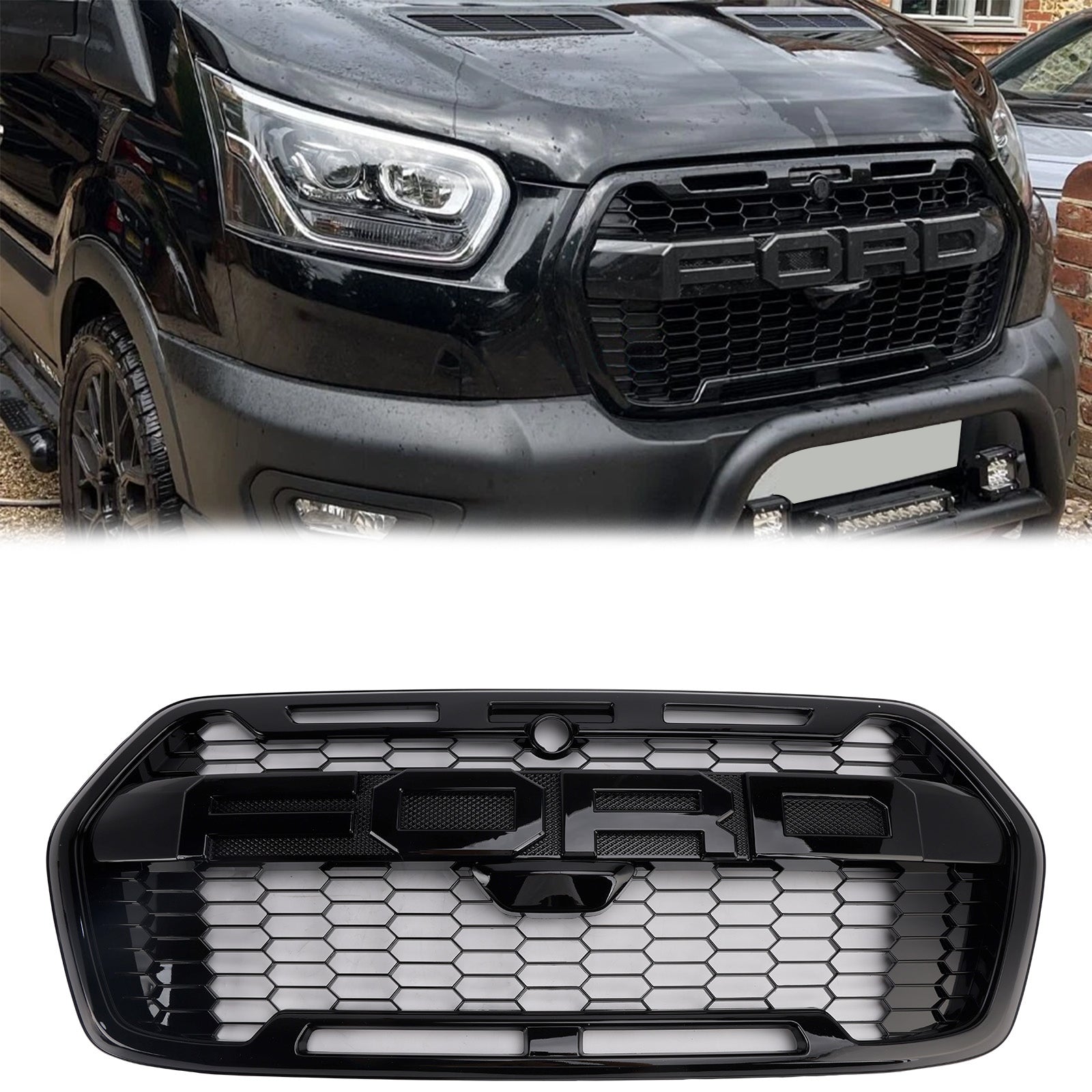 Buy glossy-black Raptor Grille | Ford Transit MK8 | 2020-2025 | Matte / Gloss Black | Front Bumper Honeycomb Grill With Letter