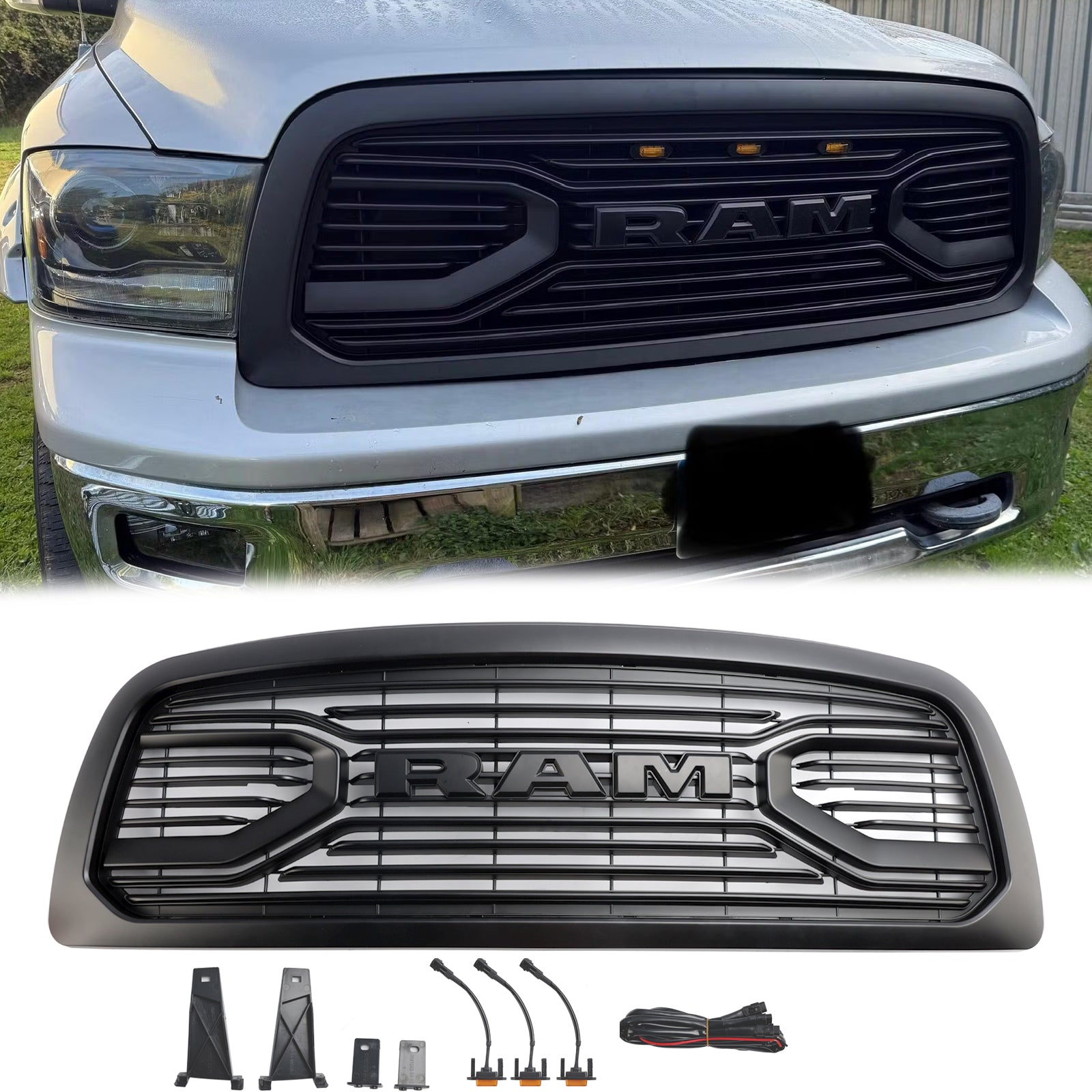 2009-2012 Dodge Ram 1500 Grill a corno grande nero opaco con griglia di sostituzione del paraurti anteriore leggera a LED