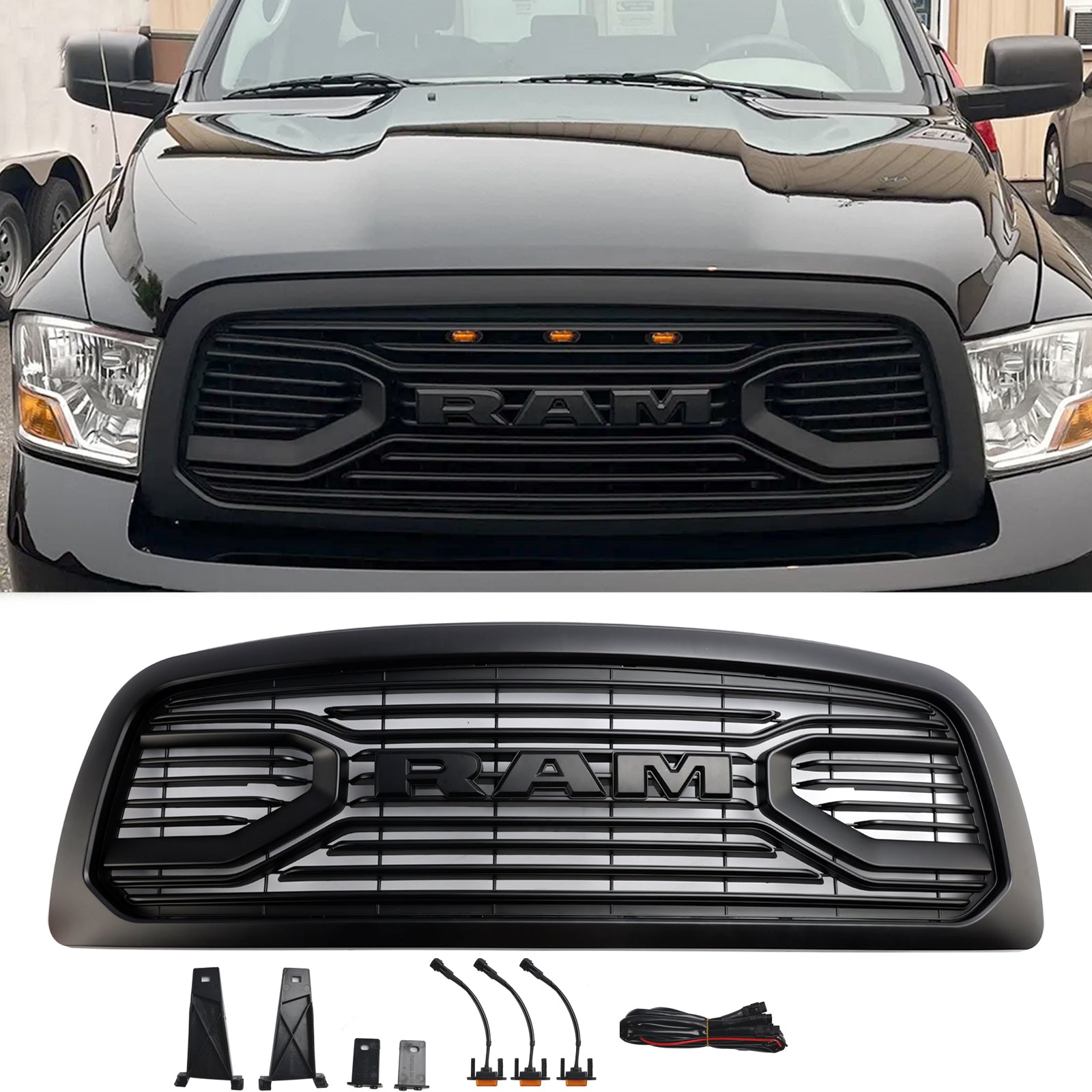 Dodge Ram 1500 2009-2012 Big Horn Style Front Bumper Grill Matte Black Replacement Grille W/ LED Lights