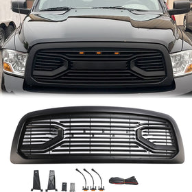 Dodge Ram 1500 2009-2012 Big Horn Style Front Bumper Grill Matte Black Replacement Grille W/ LED Lights & RAM Letter