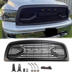 2009-2012 Dodge Ram 1500 Matte Black Big Horn Grill With LED Light Front Bumper Replacement Grille + RAM Letter