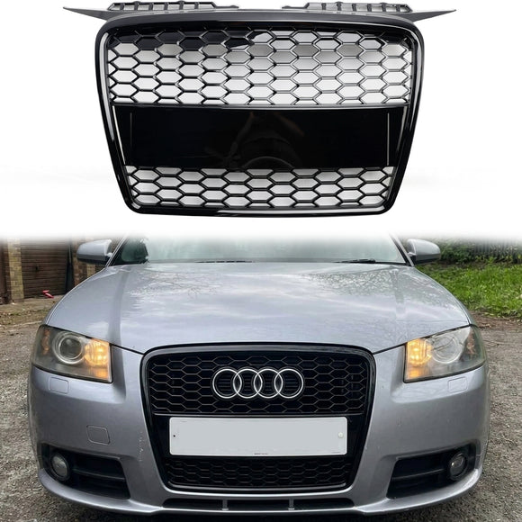 2004–2008 Audi A3/A3 Sline 8P RS3 Style Honeycomb Grille Glossy Black Front Bumper Grill