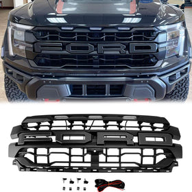 Grade dianteira estilo Raptor para Ford F150 2024-2025, para-choque superior, grade preta com luzes de LED. & Carta - 0
