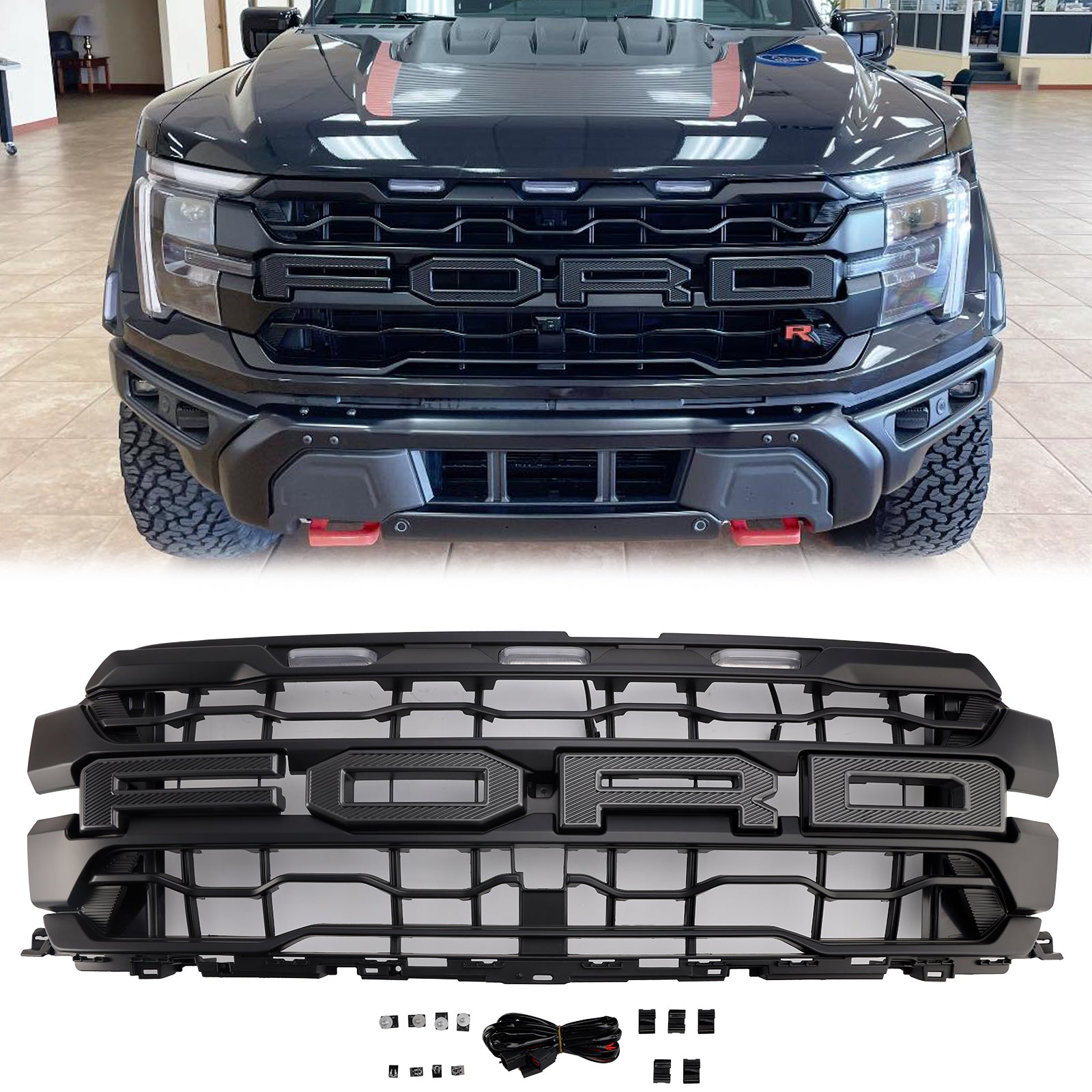 Ford F150 Raptor 2024+ Parrilla delantera negra Entrada de aire Radiador Parachoques Parrilla original con letras + LED