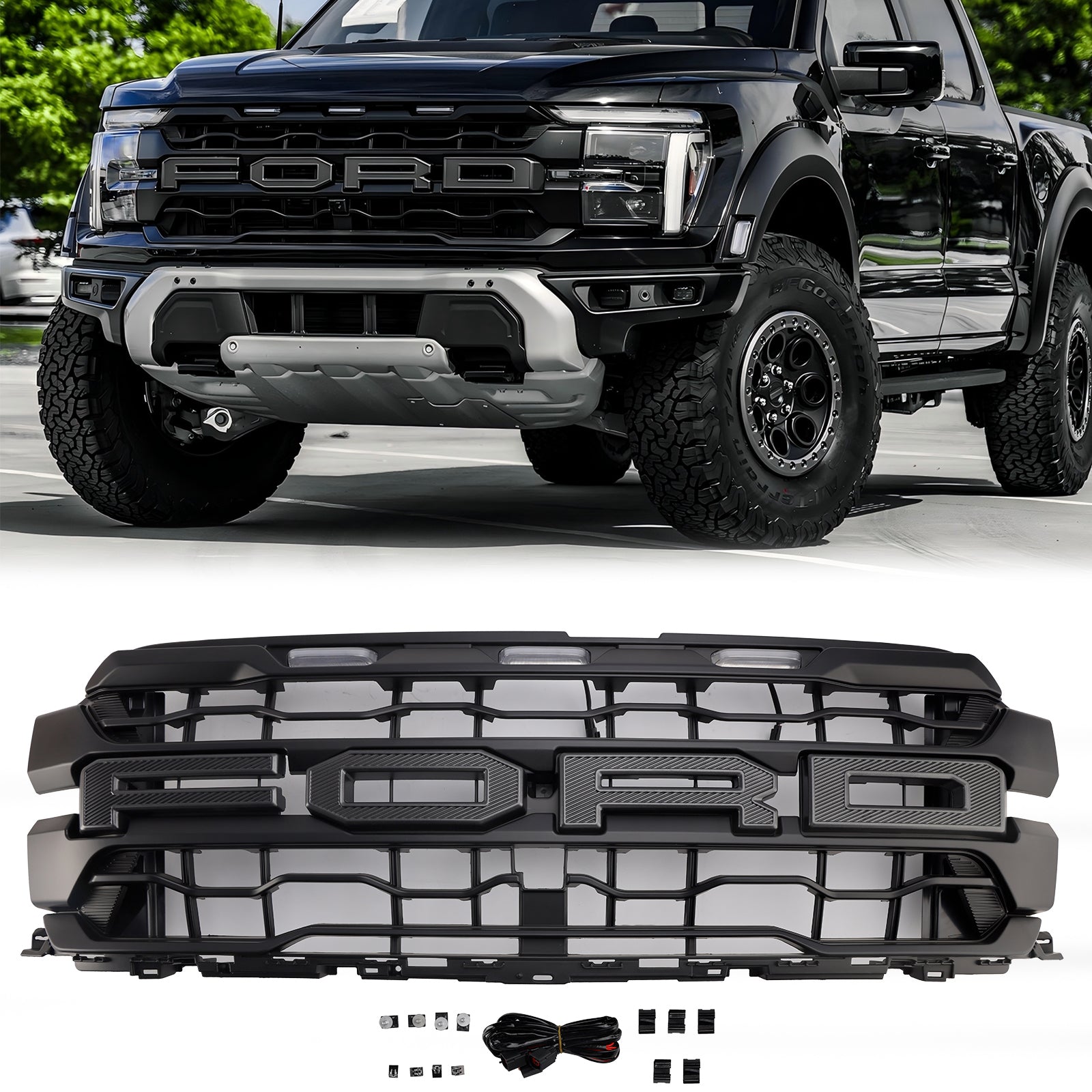 Ford F150 Raptor 2024+ Parrilla delantera negra Entrada de aire Radiador Parachoques Parrilla original con letras + LED