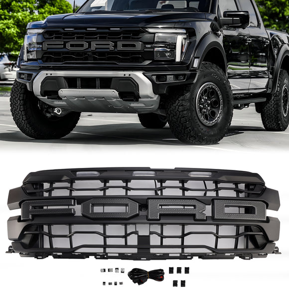 2024–2025 Ford F150 Raptor SVT Grill Frontstoßstange, schwarzer Ersatzgrill mit LED-Licht