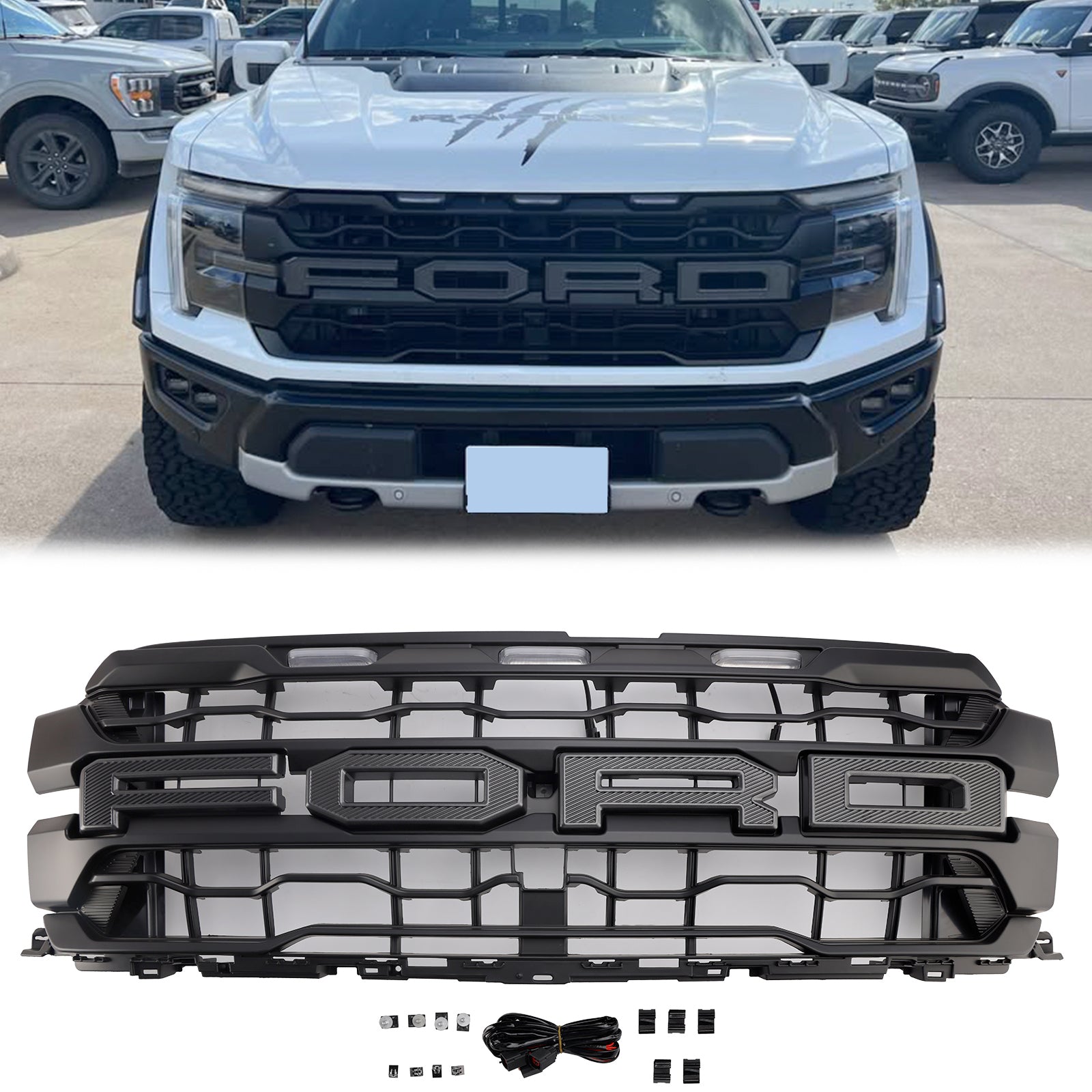 2024-2025 Ford F150 Raptor Grill Front Bumper Black Replacement Grille W/ LED Light