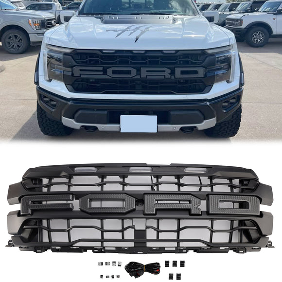 2024–2025 Ford F150 Raptor SVT Grill Frontstoßstange, schwarzer Ersatzgrill mit LED-Licht