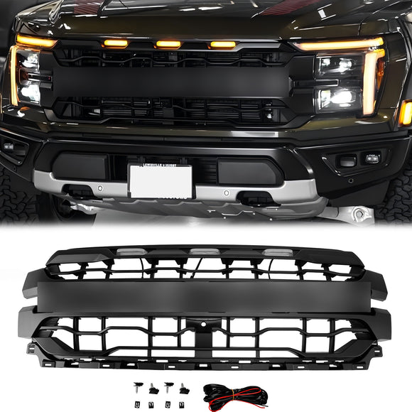2024-2025 Ford F150 Raptor SVT Grill amortecedor dianteiro grade de substituição preta com luz LED + letra FORD