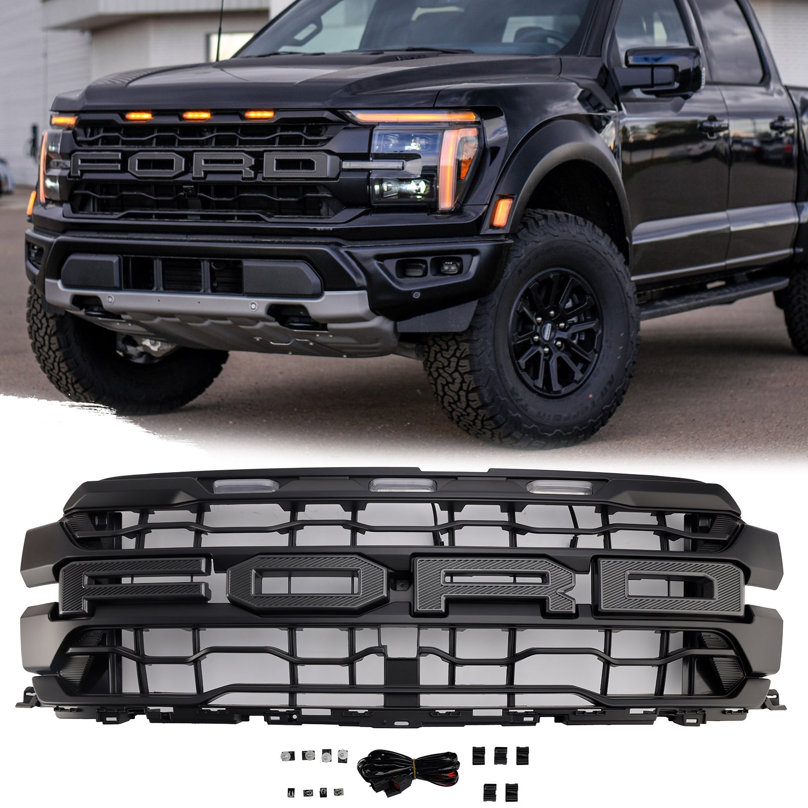 Ford F150 Raptor 2024+ Parrilla delantera negra Entrada de aire Radiador Parachoques Parrilla original con letras + LED