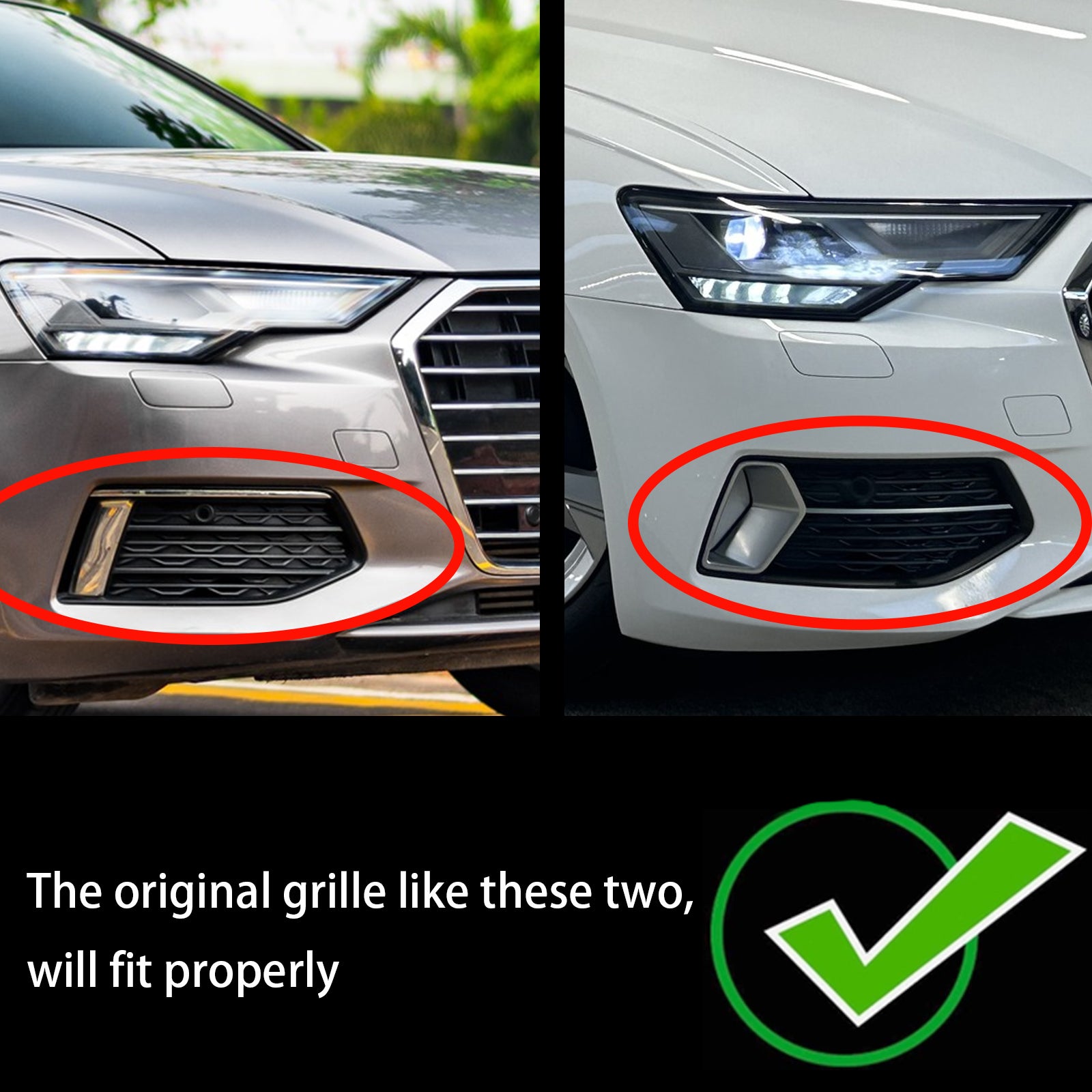 Audi A6 C8 2018-2024 2PCS Front Bumper Grille Grill Fog Light Black Chrome Cover - 0