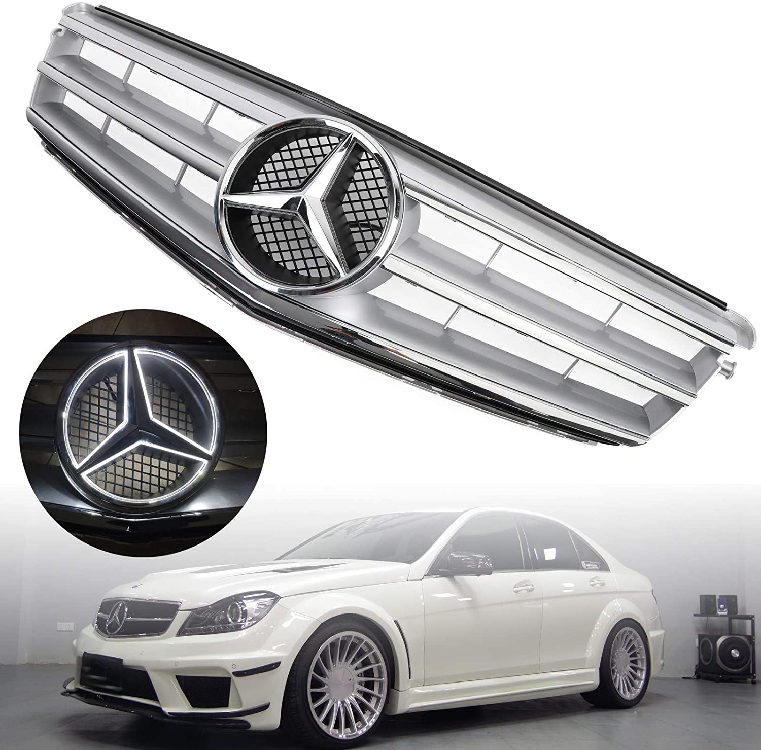 2008-2014 Mercedes Benz C Class W204 C250/C300/C350 Front Bumper Grill Black/Chrome Grille With LED Star