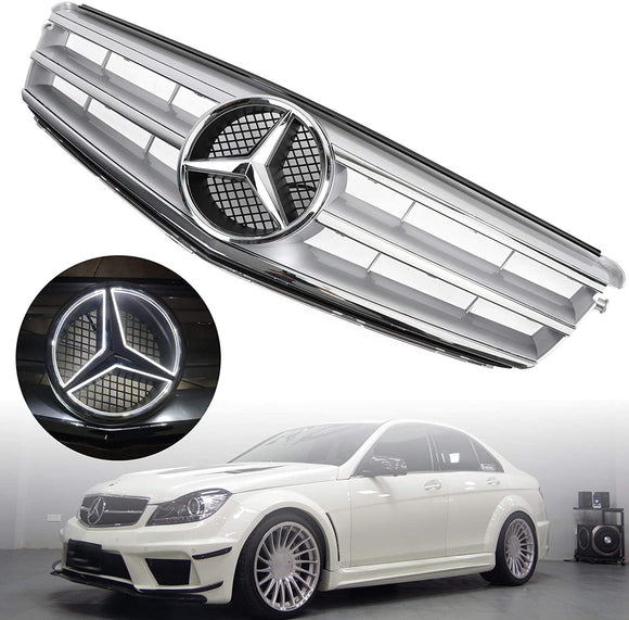 Mercedes Benz Classe C 2008-2014 W204 Grille de pare-chocs avant noire/chromée avec étoile LED pour C250/C300/C350