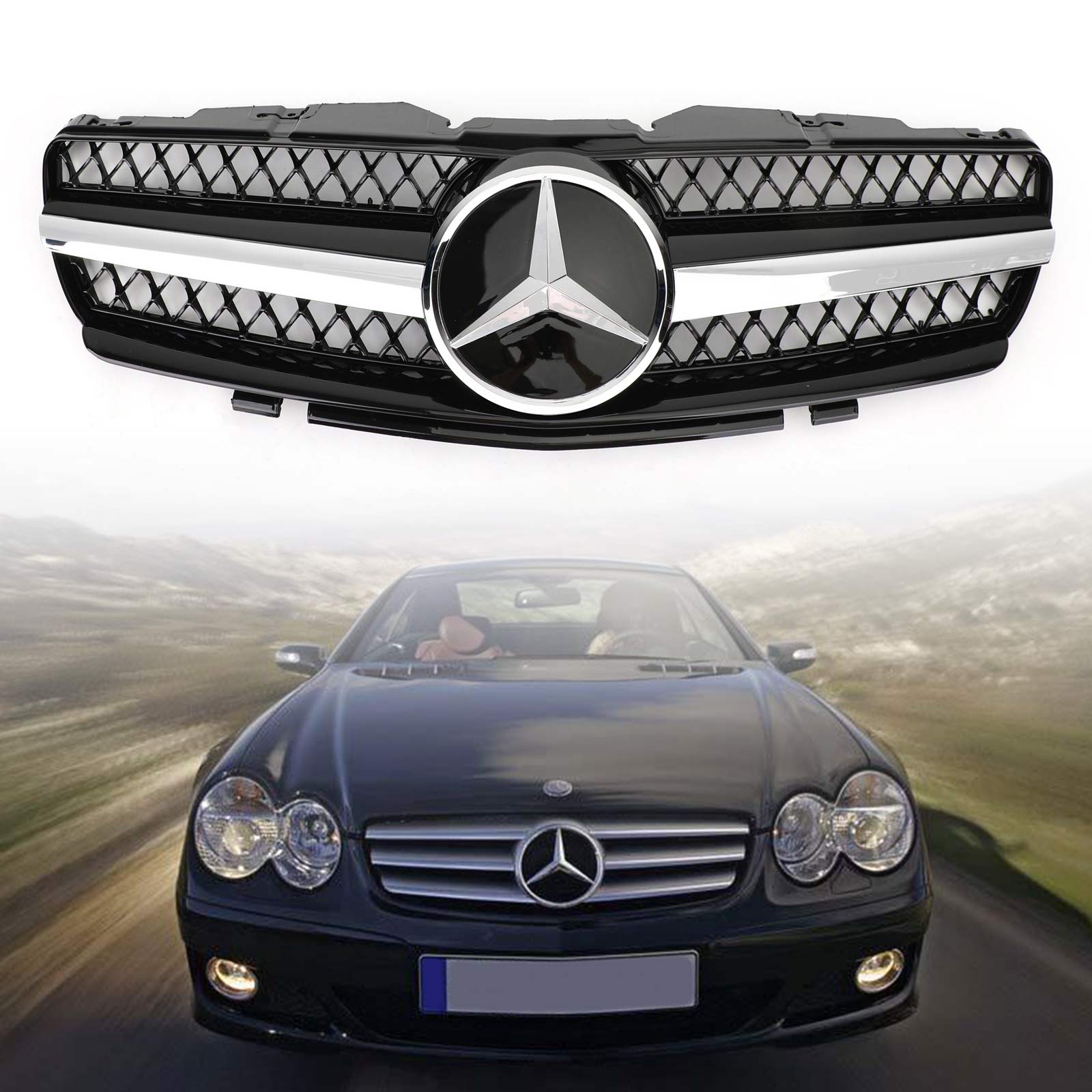 Mercedes Benz 2002-2006 R230 SL Class SL350/500/600/SL55/65 1 Fin Star AMG Grill black Chrome Grille