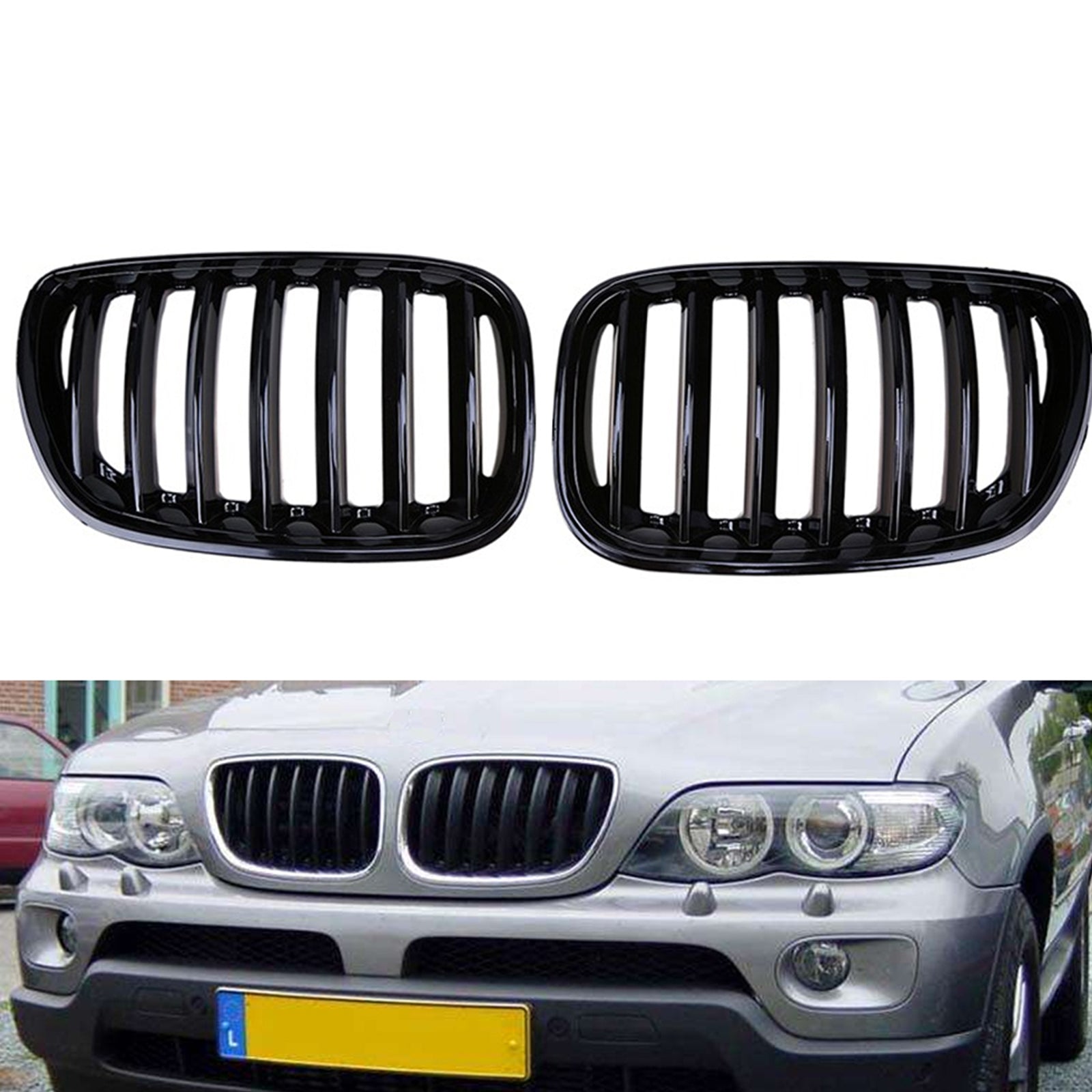 2004-2006 BMW X5 E53 3.0i/4.4i/3.0d/4.8is Front Kidney Grill Gloss Black/M-color Replacement Grille